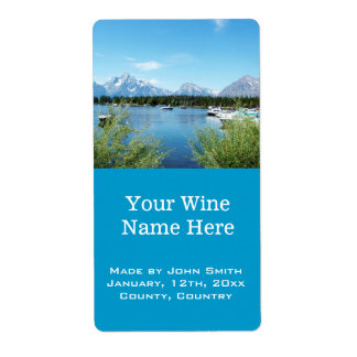 beautiful lake, mountain, blue sky wine labels.