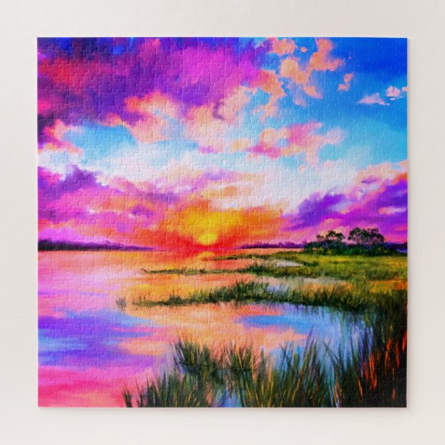 Beautiful Lake Sunset Landscape Painting Puzzle (Vertical)