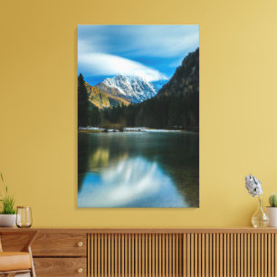 Beautiful lake with mountains in Zgornje Jezersko Canvas Print