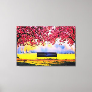 Beautiful landscape with cherry trees and a bench canvas print