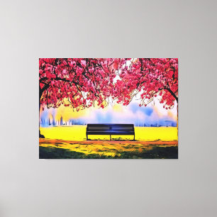 Beautiful landscape with cherry trees and a bench  canvas print