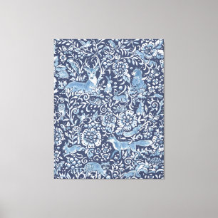 Beautiful Large Blue White Woodland Animal Pattern Canvas Print