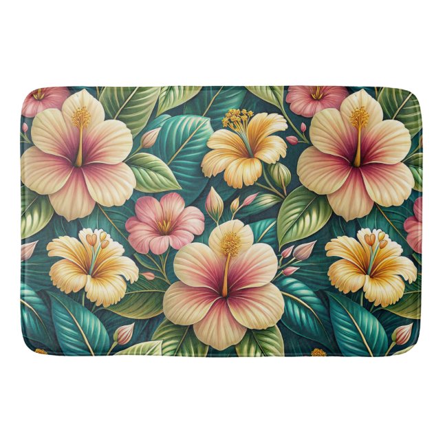 BEAUTIFUL LARGE TROPICAL HIBISCUS FLOWERS BATH MAT (Front)