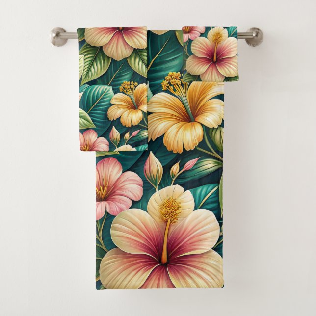 BEAUTIFUL LARGE TROPICAL HIBISCUS FLOWERS BATH TOWEL SET (Insitu)