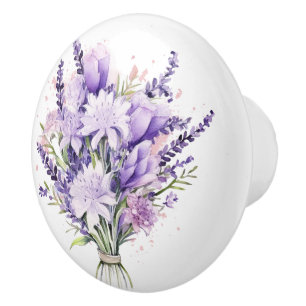 Beautiful Lavender and Mixed Floral Stems Ceramic Knob