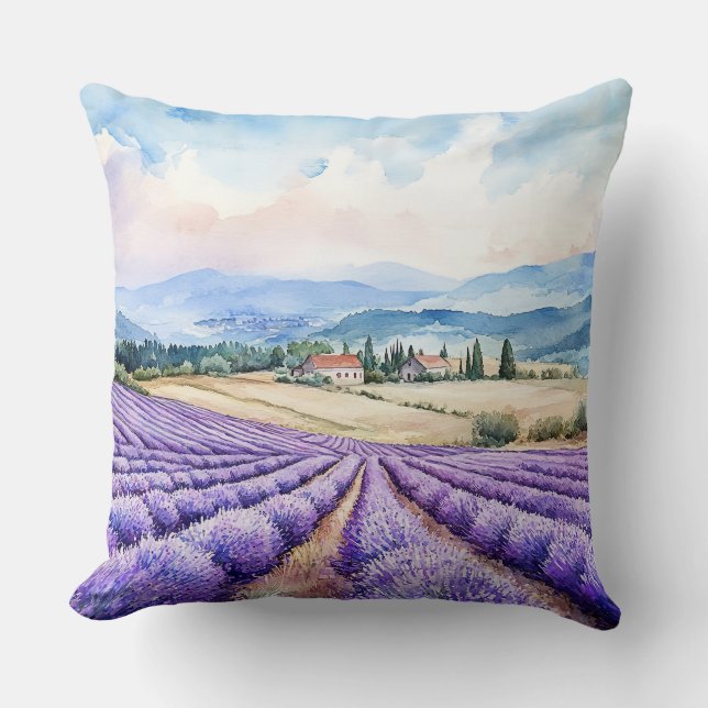 Beautiful lavender fields watercolours cushion (Front)