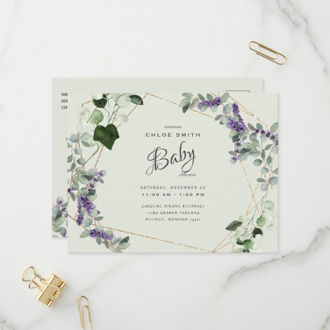 Beautiful Lavender Foliage Baby Shower Invitation Postcard (Front/Back In Situ)