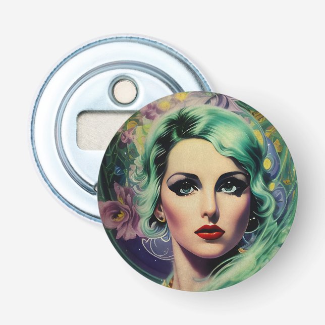 Beautiful Lavender & Green Retro Style Space Woman Bottle Opener (Front)