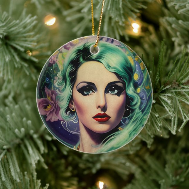 Beautiful Lavender & Green Retro Style Space Woman Ceramic Tree Decoration (Tree)