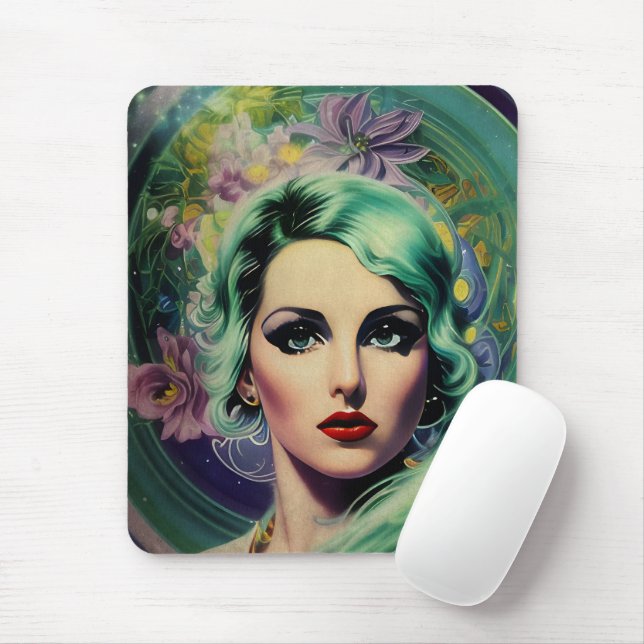 Beautiful Lavender & Green Retro Style Space Woman Mouse Pad (With Mouse)