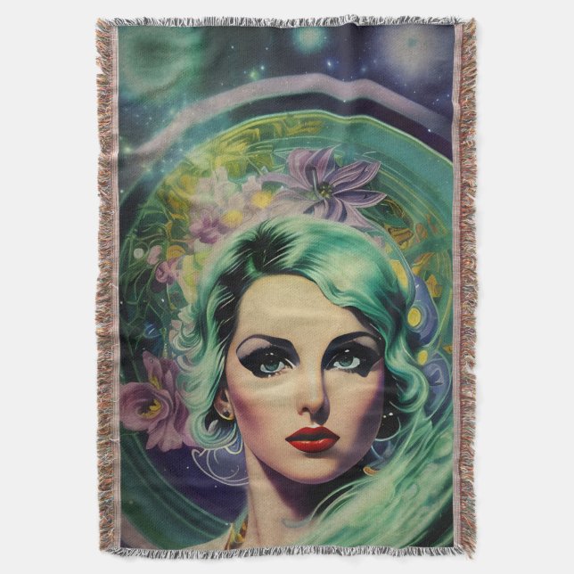 Beautiful Lavender & Green Retro Style Space Woman Throw Blanket (Front Vertical)