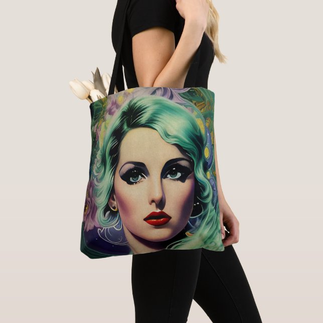 Beautiful Lavender & Green Retro Style Space Woman Tote Bag (Close Up)