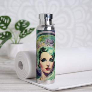 Beautiful Lavender & Green Retro Style Space Woman Water Bottle
