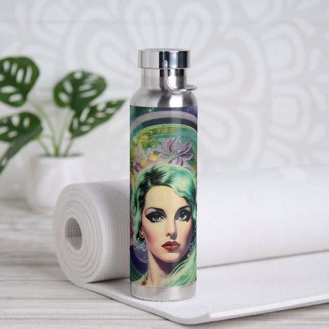 Beautiful Lavender & Green Retro Style Space Woman Water Bottle (Yoga)