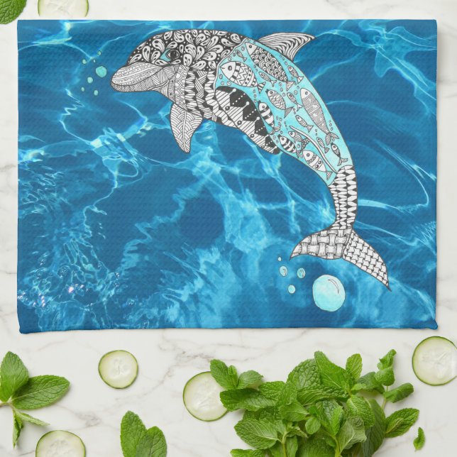 Beautiful Leaping Dolphin 1/2 Fold Kitchen Towel (Folded)