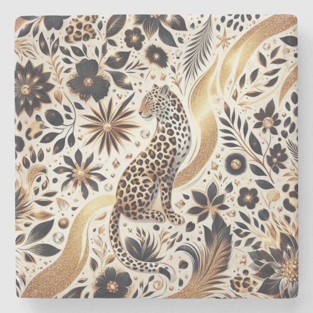 Beautiful Leopard and Gold Glitter  Stone Coaster (Front)