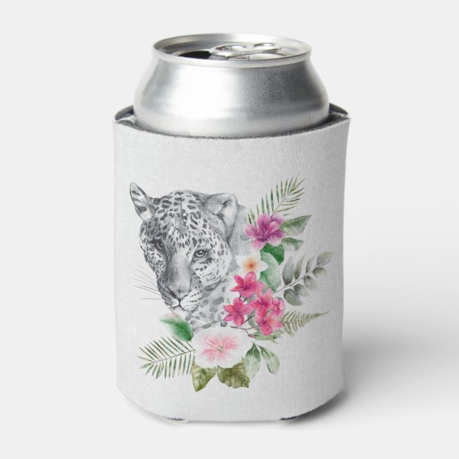 Beautiful Leopard Head Portrait in Watercolor Can Cooler (Can Front)