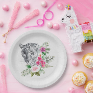 Beautiful Leopard Head Portrait in Watercolor Paper Plate