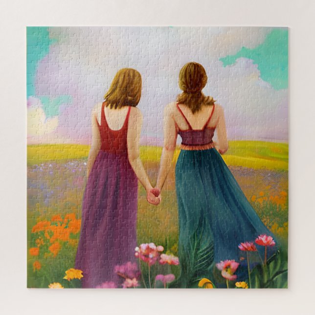 Beautiful Lesbian Couple in Field of Flowers Jigsaw Puzzle (Vertical)