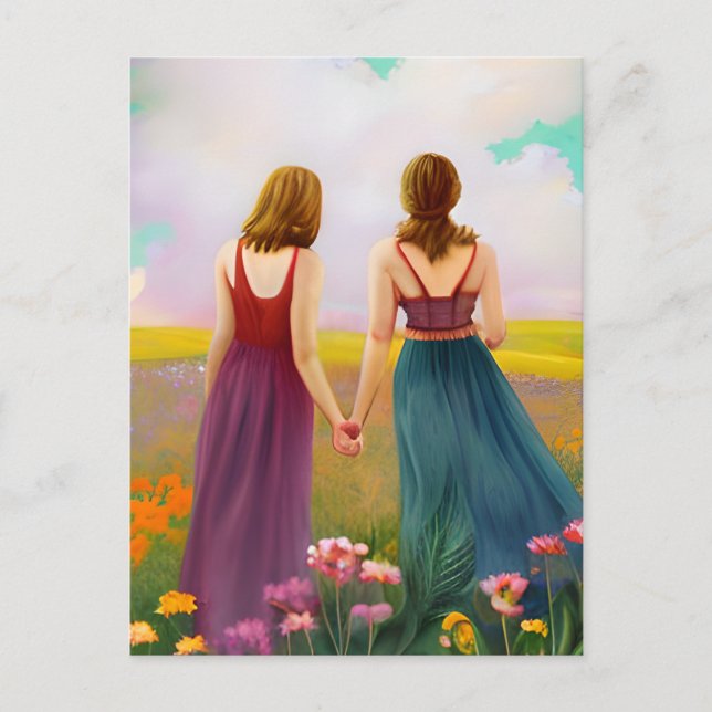 Beautiful Lesbian Couple in Field of Flowers Postcard (Front)