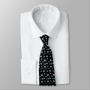 Beautiful Light Blue and White Stars on Black Tie