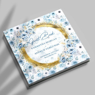 Beautiful Light Blue Flowers Gold Glitter Wedding Guest Book