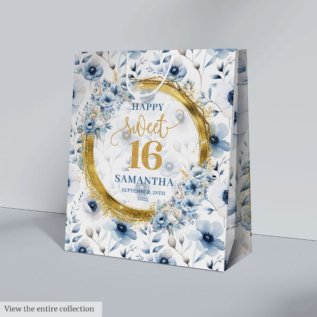 Beautiful Light Blue Flowers Sweet 16 Gold Glitter Medium Gift Bag (Beautiful Light Blue Flowers Sweet 16 Gold Glitter Medium Gift Bag )