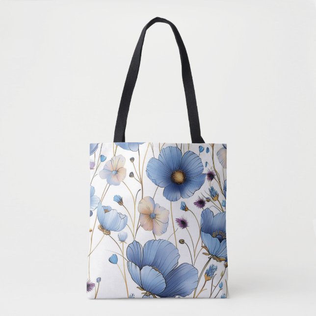 Beautiful light blue wildflower tote bag (Front)