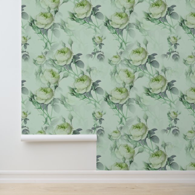 Beautiful Light Green Vintage Floral Wallpaper (Application)
