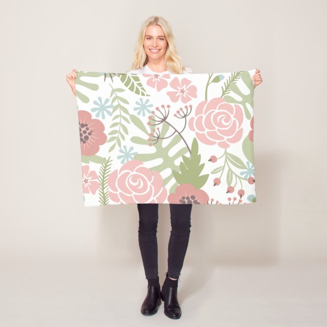 Beautiful Light Pink and Green Flowers Fleece Blanket (In Situ)