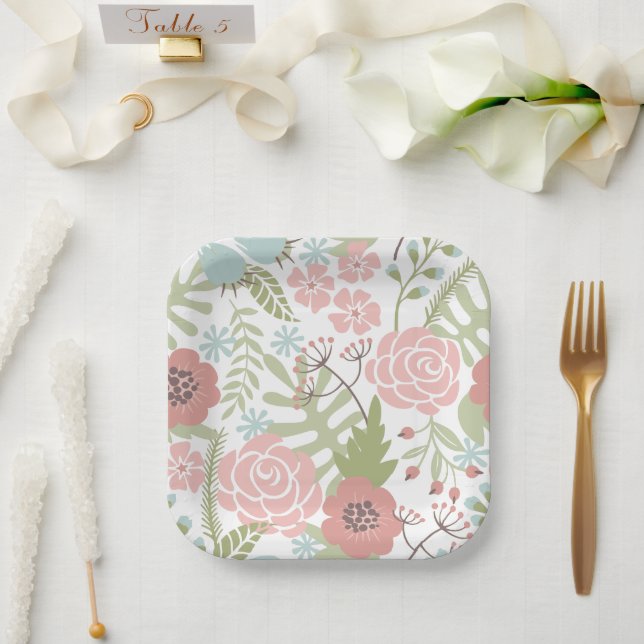 Beautiful Light Pink and Green Flowers Paper Plate (Wedding)
