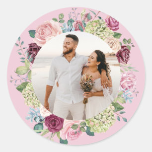 Beautiful Light Pink Rose Spray Wedding Photo Classic Round Sticker