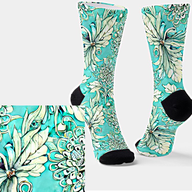 Beautiful Light Teal Floral  Socks (Creator Uploaded)