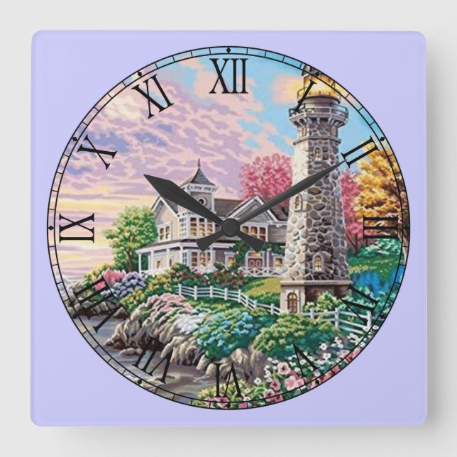 Beautiful Lighthouse Cottage Roman Numeral Square Wall Clock (Front)
