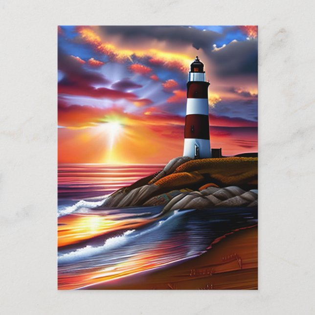 Beautiful Lighthouse, Sunset and Ocean Waves Postcard (Front)