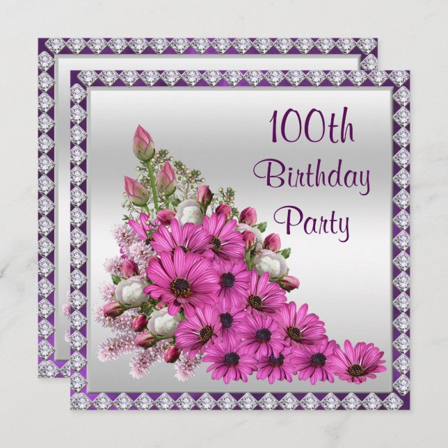 Beautiful Lilac Bouquet & Diamonds 100th Birthday Invitation (Front/Back)