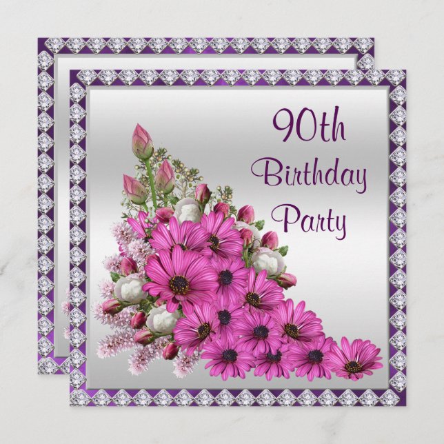 Beautiful Lilac Bouquet & Diamonds 90th Birthday Invitation (Front/Back)
