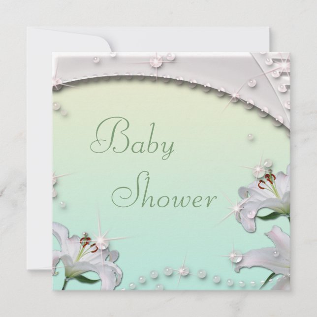 Beautiful Lilies and Sparkles Mint Baby Shower Invitation (Front)