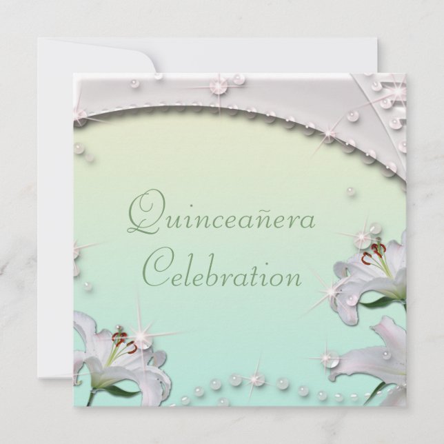 Beautiful Lilies & Sparkles Mint Green Quincenera Invitation (Front)