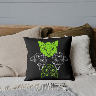Beautiful Lime White Cats Head Animal Lover Black  Cushion