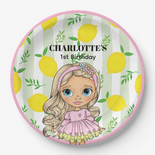 Beautiful Little Girl with Lemons Birthday Paper Plate (Front)