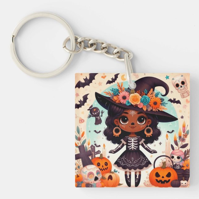 Beautiful little witch halloween party key ring (Front)