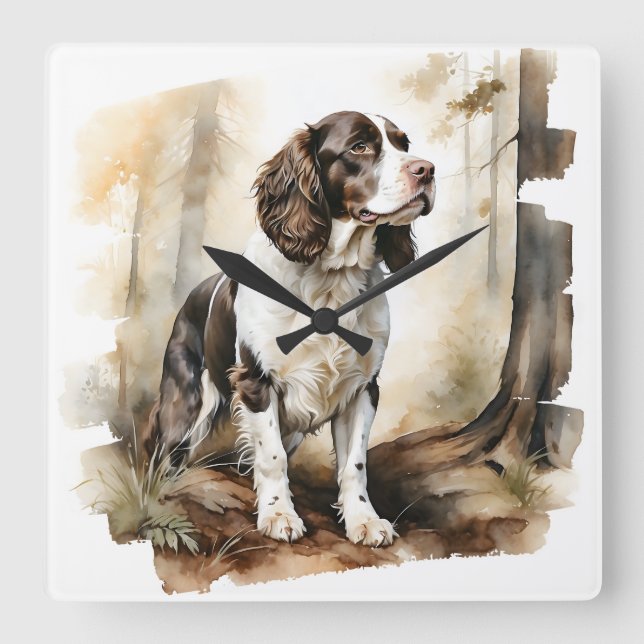 BEAUTIFUL LIVER & WHITE ENGLISH SPRINGER SPANIEL SQUARE WALL CLOCK (Front)
