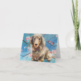 Beautiful Long-Haired Dachshund in Cherry Blossoms Card
