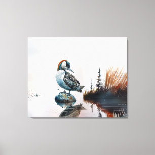 beautiful loon on a rock in watercolor canvas print