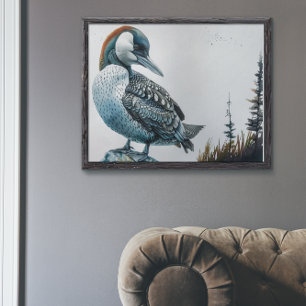 beautiful loon on a rock in watercolor poster