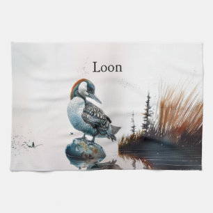 beautiful loon on a rock in watercolor tea towel