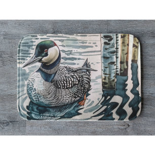 beautiful loon on water in watercolor bath mat