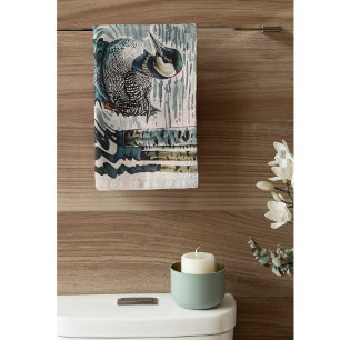 beautiful loon on water in watercolor bath towel set