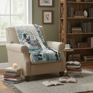 beautiful loon on water in watercolor fleece blanket